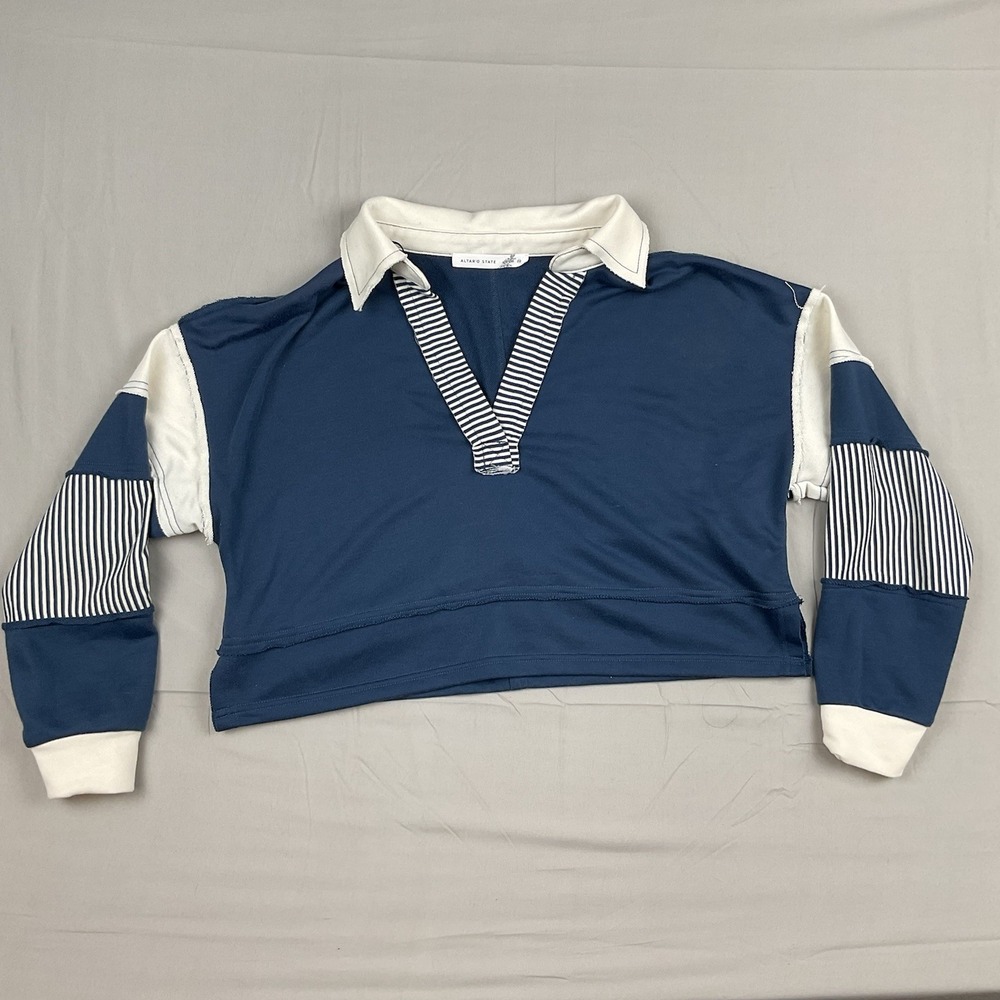 Altard State‎ Blake Cropped Polo Pullover Striped Patchwork Blue Size XS